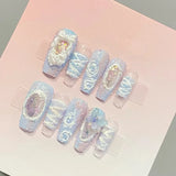 Qfdian Oil Painting Handmade Press on Nails Magic Mirror Designs Fake Nails Blue Long Coffin Tips for Girl False Nails Fingernail Set