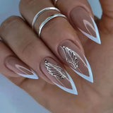 Qfdian 24Pcs Mid-length Stiletto Fake Nail with Jelly Glue Aurora Pure White Design Almond False Nails Wearable Oval Press on Nails