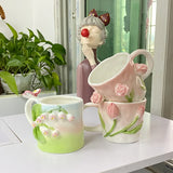 Qfdian Creative Pink Cub Relief Tulip Flower Ceramic Coffee Cup Girl Gift Flower Mug Office Teacup Breakfast Milk Mug Home Decoration