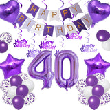 Qfdian  Purple White Foil Birthday Number Decorations Happy Birthday Banner Purple Happy Birthday Swirls Foil Heart Star Latex Balloons