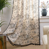 Qfdian Floral Farmhouse Curtains Semi-Blackout Living Room Drapes Cotton Linen Bohemian Window Curtain 1 Panels Tassel Beige Rod Pocket