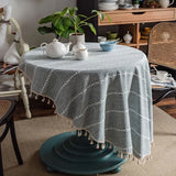 Qfdian Round Tassel Plaid Tablecloths Heavy Weight Cotton Linen Fabric Dust-Proof Table Cover Kitchen Dining Party Tabletop Decorations