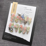 Qfdian Sweet Floral Press On Nails Pink Rose Butterfly Fake Nails For Women Elegant Pearl Rhinestone Party Nails Glamorous Reusable