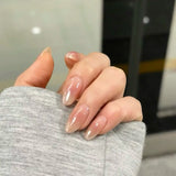 Qfdian 10Pcs Hot Sale Handmade Short Oval Press On Nails Aurora Powder Blusher Fake Nail French Tips Full Cover Wearable False Nail