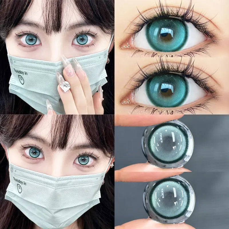 Qfdian 2PCS Green Colored Contact Circular Lenses Degree -0.00 to -8.00 Myopia Brown Eyes Beauty Pupil Makeup Lens Fast Shipping