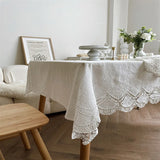 Qfdian French White Lace Flower Embroidery 100% Cotton Tablecloth for Home Wedding Party Decoration Table Cloth Luxurious Table Cover