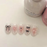 Qfdian 10Pcs Pink Handmade Press on Nails Short Blush Artificial False Nail Tips Black Bow Designed Sweet Girl Full Cover Fingernail