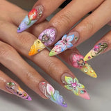 Qfdian  24Pcs Mid-length 3D Flowers Design Fingertips Sweet Butterfly Yellow Ripple Almond False Nails Detachable Full Cover Press Ons