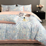Qfdian  Flower Printed Duvet Cover Set Satin Silk Bed Cover Sets for Summer Queen/King Size Silky plumones de cama Coolling Bedding Set