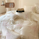 Qfdian 4Pcs Flowers Embroidery Lace Ruffles Princess Wedding Bedding Set Egyptian Cotton Duvet Cover Bed Sheet/Fitted Sheet Pillowcases