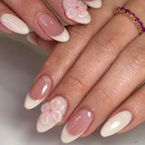 Qfdian 24pcs Mid-length Almond Press on Nails Sets Wearable Gradient Pink Flower Pearl Design False Nail French Fake Nail Finished Tips