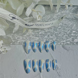 Qfdian 10Pcs Handmade Almond Blue Fake Nails Press On Glitter Full Cover False Nails Wearable Manicure Nail Finished Finger Tips Art