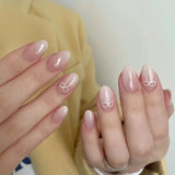 Qfdian 24Pcs Nude Pink Nail Tips Short Round Head False Nails with Design Wearable Finished Fake Nails Full Cover Press on Nails