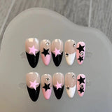 Qfdian Handmade Y2k Star False Nails Black Pink Almond Press On Nails Wearable Fake Nails Nail Art Tips Reusable Artificial Manicuree A