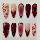 Qfdian 24pcs Wearable False Nail Strawberry Bow Design Nails Tips Red Short Almond Pearl Starlight Fake Nail Art Flower Press on Nails