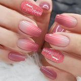 Qfdian 24Pcs Gradient Short Ballet Nails Set with Glue White Simple False Nails Coffin Fake Nail Press on Nails Full Cover Nail Tips