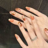 Qfdian  10pcs Handmade Press On Nails Smudging Orange Shiny Gold Foil Designs Fake Nails Court Style Japenese False Nail For Women Girls