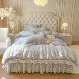 Qfdian 4/6Pcs Pink Princess Wedding Lace Embroidery Korean Style Bedding Set King Queen Size Duvet Cover Bed Skirt Bedspread Pillowcase