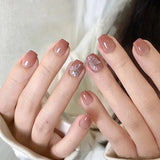 Qfdian 24Pcs Glitter Wine Red Solid Color Fake Nails Press on Short Round False Nails Finished Detachable Wearable Full Cover Nail Tips