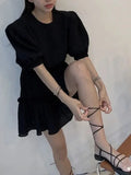 Qfdian  Korean Unique Bubble Sleeve Top High Waisted Wooden Ear Skirt Two-piece Set Sweet Summer Women's Fashion Solid Color Set Skirt