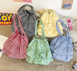 Qfdian Y2k Aesthetic Preppy Plaid Ruffled Women's Handbags Korean Women Fashion Shoulder Bags All Match Drawstring Pleated Underarm Bag
