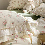 Qfdian Princess Style Lace Ruffles 100% Cotton Bedding Set Floral Pastoral Style Duvet Cover Flat/Fitted Bed Sheet Pillowcases 3/4Pcs