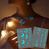 Qfdian  4pcs Glow-in-the-Dark Temporary Tattoos for Women Blue Crescent Moon Stars Lace Butterfly Planet for Neck Clavicle Body Art