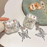 Qfdian  Luxury Colorful Diamond Butterfly Bluetooth Headset Case For AirPods Pro 2nd Air Pods 4 3 2 1 Clear Earhone Case with Pendant