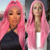 Qfdian Hot Pink Long Straight Layered Wigs for Women Synthetic Lace Front Wig Natural Wavy Hair Long pink Wigs for Daily Party Cosplay