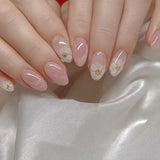 Qfdian 24Pcs Simple False Nails with Glue Short Almond Fake Nails Glitter Aurora Round Head Full Cover Nail Tips Oval Press on Nails