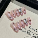 Qfdian  10pcs Glossy Pink Press On Nails Handmade Flash Cat's Eye False Nails 3D Flower Golden Edge Designs Fake Nail Tips For Women