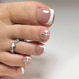 Qfdian 24Pcs Butterfly Design False Toe Nails with Rhinestone Short French Press on Fake Nails Wearable Finished Full Cover Nail Tips