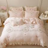 Qfdian 4Pcs Korean Princess Style Bedding Set Rose Flowers Embroidery French Lace Ruffles Milk Velvet Duvet Cover Bed Sheet Pillowcases