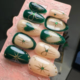 Qfdian 24Pcs 3D Green Ripple Design False Nails Cat's Eye French Almond Fake Nail Tips Leaves Pattern Removable Oval Press on Nails