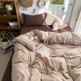 Qfdian  Bedding Set Ins Ambiance Blue Coffee Grid Mixed With Washed Cotton Minimalist Flat&Fitted Sheets Duvet Cover Set With Pillowcase
