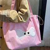 Qfdian Sweet Y2k Aesthetic Kawaii Plaid Shoulder Bags All Match Women Drawstring Casual Handbags New Fashion Grunge Canvas Underarm Bag