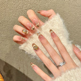 Qfdian  10pcs Handmade Glitter Pink Press on Nails Shiny Bow Diamond Design False Nails Wearable Sweet French Cat Eye Fake Nail Tips