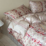 Qfdian  Vintage French Floral Lyocell Bedding Set with Bow Ties, Silky Soft Cooling Bed Linen Set, Pink Flower Print for Girls Bedroom