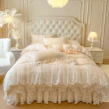 Qfdian 4/6Pcs Pink Princess Wedding Lace Embroidery Korean Style Bedding Set King Queen Size Duvet Cover Bed Skirt Bedspread Pillowcase