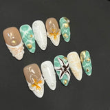 Qfdian  10pcs Handmade Press on Nails Ocean Starfish Shell Design Fake Nail Tips Wearable Reusable 3D Flower French Almond  False Nails