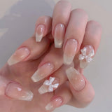 Qfdian  24pcs Sweet Blush Cat's Eye False Nails Glossy Pink 3D Transparent Bowknots Decor Press On Nails French Style Simple Fake Nail