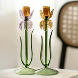 Qfdian  Modern Three-dimensional Iris Flower Glass Candle Holder Romantic Tall Feet Candlestick  Wedding Dinner Table Home Decoration