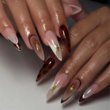 Qfdian  24pcs Long Stiletto Press on Nails Hot Girl Almond False Nails Nude Flower Rhinestones Full Cover Fake Nail Finished Manicure