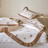 Qfdian  Flower Printed Bed Cover with Lace French Style Washed Cotton Bedspreads Quilted cobre leito de casal Comfortable and Soft