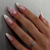 Qfdian 24pcs Mid-length Almond Press on Nails Sets Wearable Gradient Pink Flower Pearl Design False Nail French Fake Nail Finished Tips