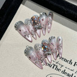 Qfdian Handmade Press on Nails Shiny Pink Cat Eye Fake Nails for Women Girl Wearable Glitter Full Crystal Design False Nail Tips