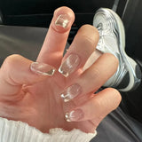 Qfdian 24Pcs Mid-length Ballet False Nails Simple Cat Eye Design Press on Fake Nail Wearable Coffin Full Cover Nail Tips Manicure Tools