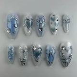Qfdian  24pcs Press on Fake Nails Set Almond Wearable Simple French Flower False Nail Art Gold Beads Design Diamond Manicure Tips