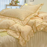 Qfdian 2/3Pc Korean Princess Style Floral Ruffles Bedding Set Single Queen Size Soft Skin-friendly Washed Cotton Duvet Cover Pillowcase