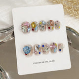 Qfdian  10pcs Sweet Cool Press on Nails Blue Cat Eye False Nails 3D Silver Star Fake Nails Glitter Rhinestone Nail Art Short Coffin Nail